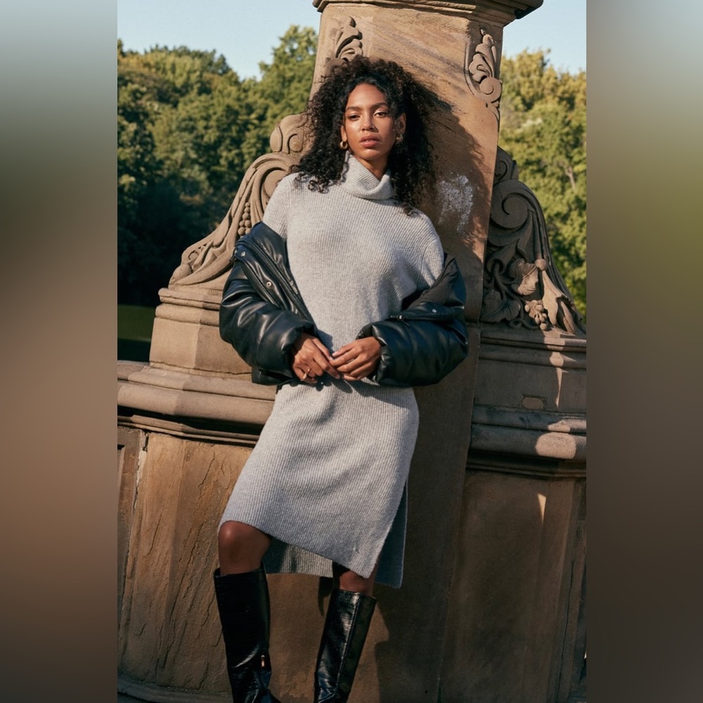 Lulus Snuggled Up Light Grey Knit Turtleneck Midi Sweater Dress